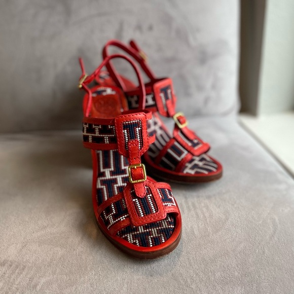 Tory Burch Shoes - Tory Burch Florian‎ Sandals High Heel Red White Blue Leather Gold Tone Size 6